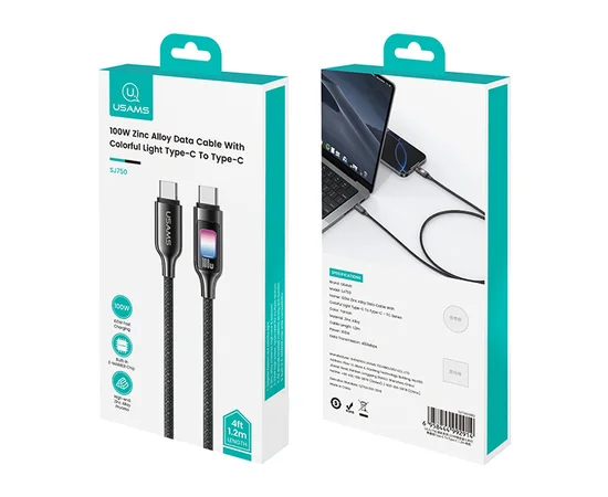 Дата кабель Usams US-SJ750 With Colorful Light TC Ser. Type-C to Type-C 100W (1.2m) Tarnish