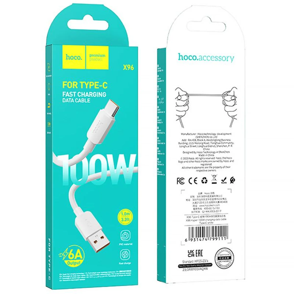 Дата кабель Hoco X96 Hyper USB to Type-C 100W (1m) White