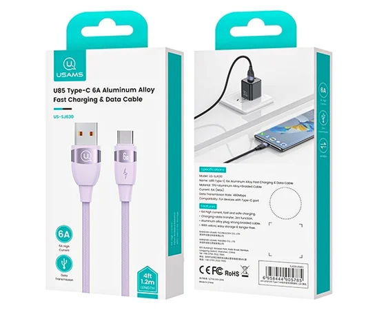 Дата кабель Usams US-SJ631 U85 USB to Type-C 6A (2m) Purple