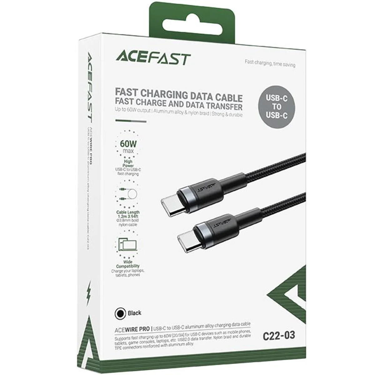 Дата кабель Acefast C22-03 Type-C to Type-C 60W (1.2m) Black