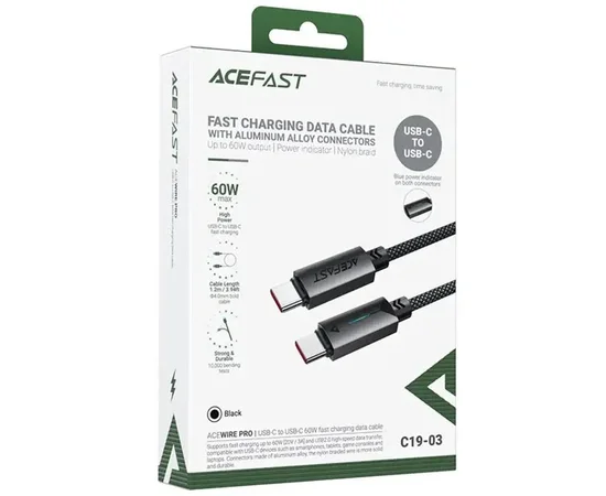 Дата кабель Acefast C19-03 Type-C to Type-C 60W (1.2m) Black