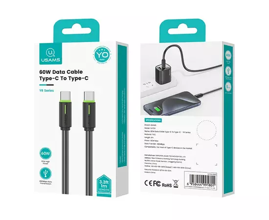 Дата кабель Usams US-SJ734 Bicolor Charging YR Ser. Type-C to Type-C 60W (1m) Black