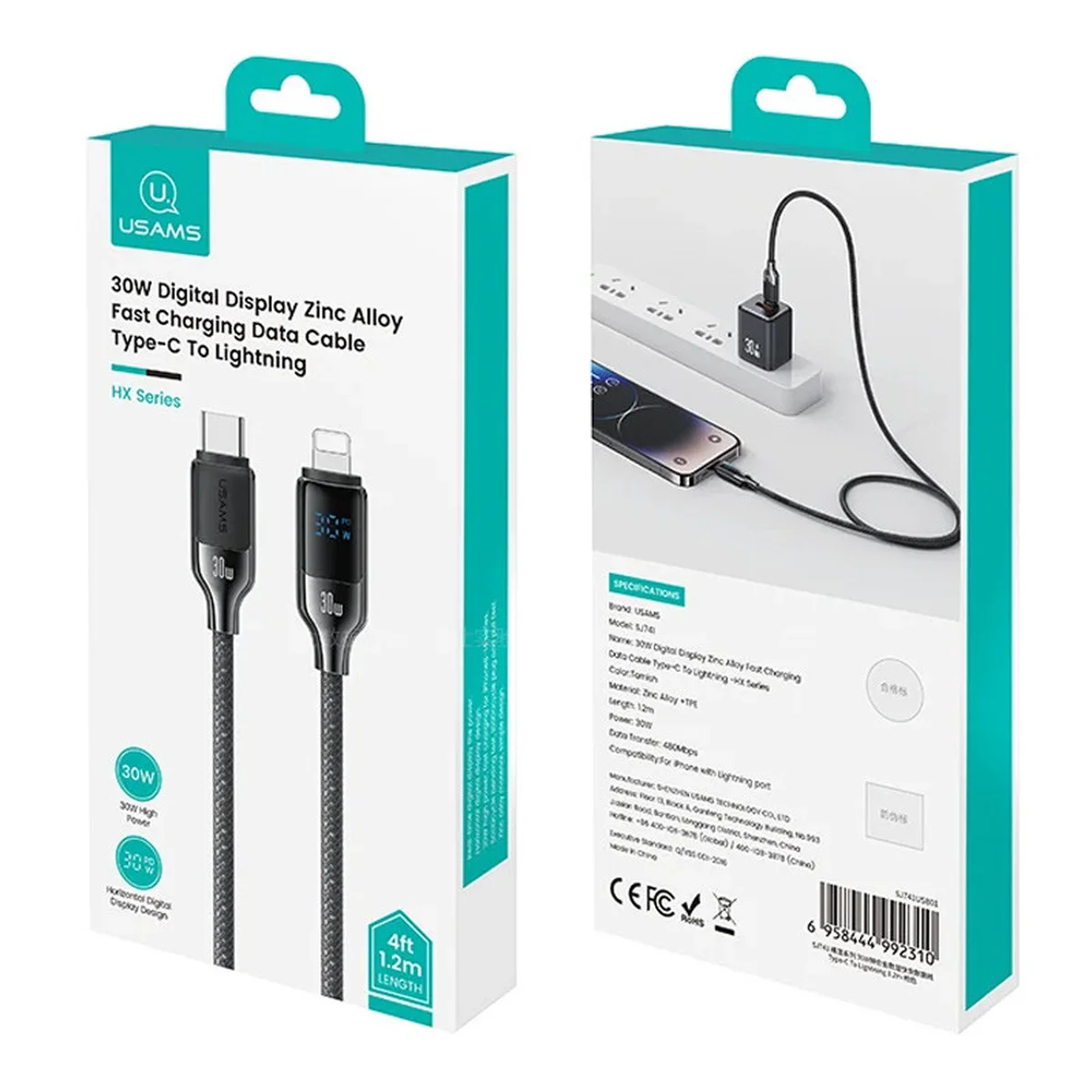 Дата кабель Usams US-SJ741 Digital Display HX Ser. Type-C to Lightning 30W (1.2m) Tarnish