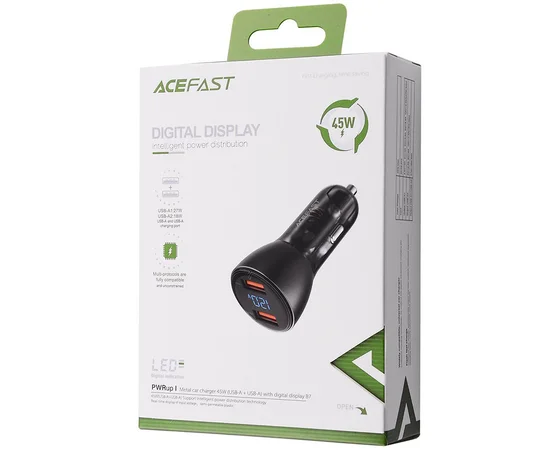 АЗУ Acefast B7 metal car charger 45W (USB-A + USB-A) with digital display Transparent black