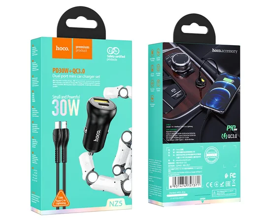 АЗУ Hoco NZ5 Smooth road PD30W + QC3.0 + Type-C to Lightning Черный