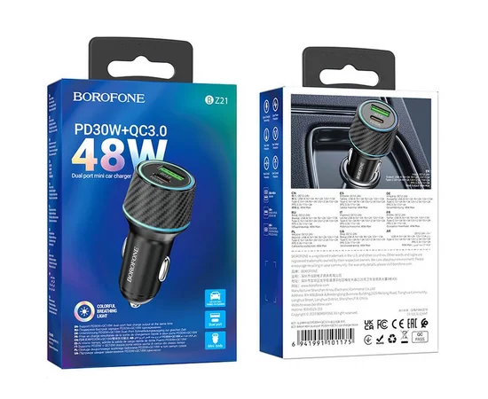 АЗУ Borofone BZ21 Brilliant 48W PD30W+QC3.0 (1Type-C/1USB) Black