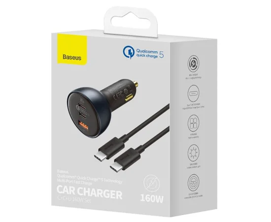 АЗУ Baseus Qualcomm&reg; QC5 Multi-Port 2xType-C+USB 160W (with cable Type-C to Type-C 100W (20V/5A) 1m) Серый