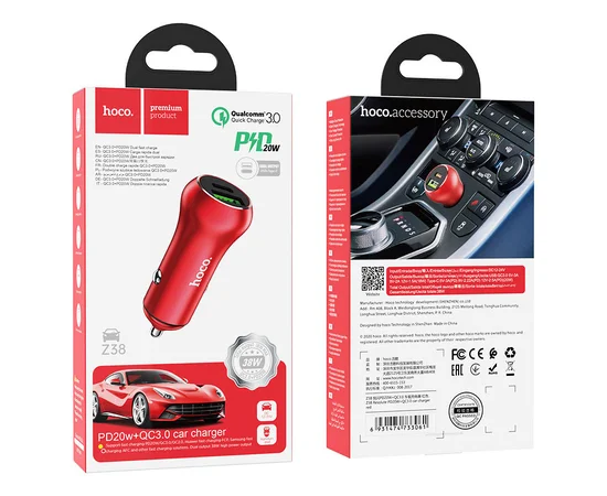 АЗУ Hoco Z38 PD20W+QC3.0 Type-C + USB Красный