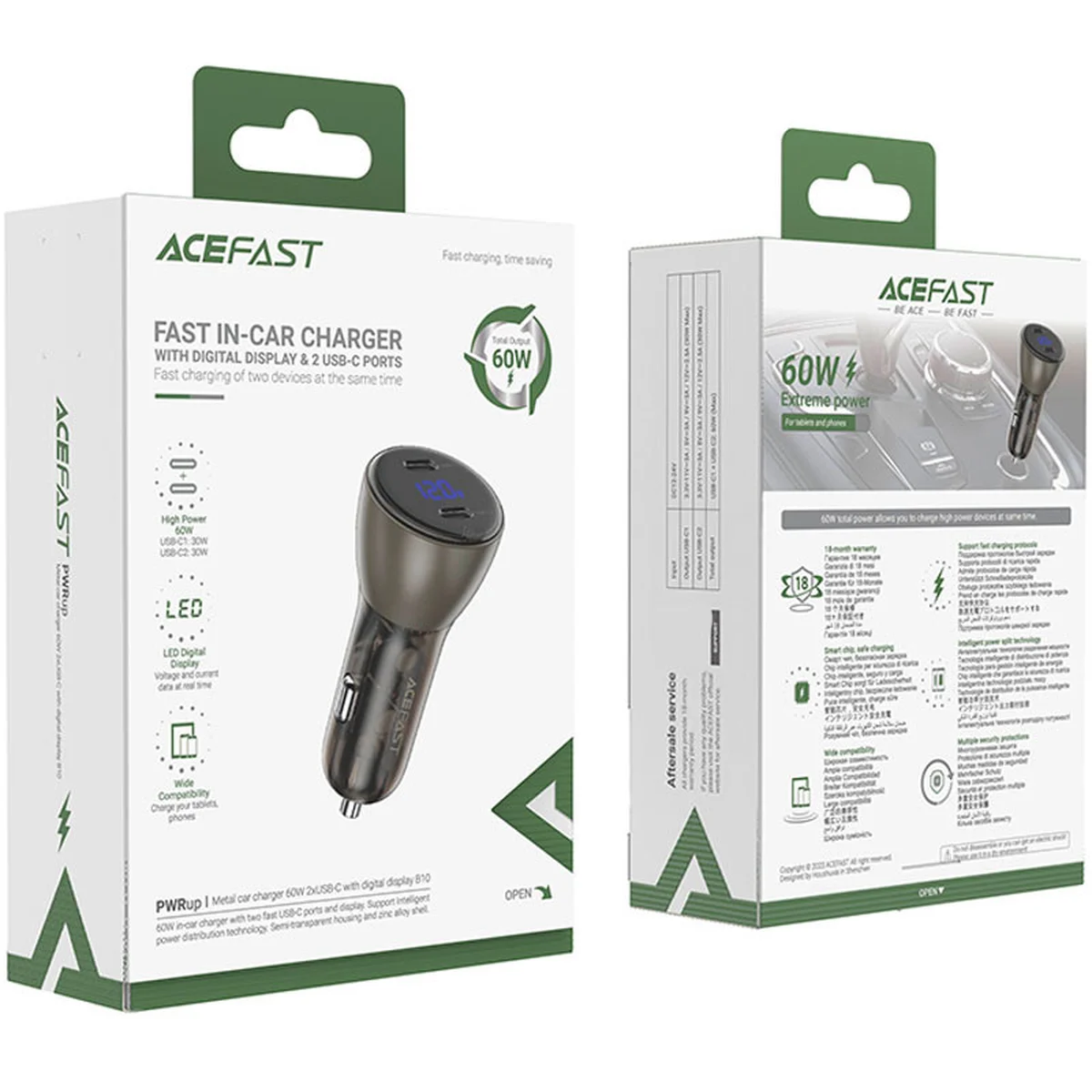 АЗУ Acefast B10 metal car charger 60W (USB-C + USB-C) with digital display Black