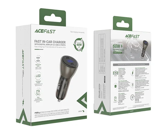 АЗУ Acefast B10 metal car charger 60W (USB-C + USB-C) with digital display Black