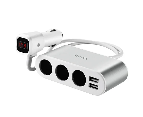 АЗУ с разветвителем прикуривателя Hoco  Z13 (3 порта+2USB/2.1A+LCD) Стальной