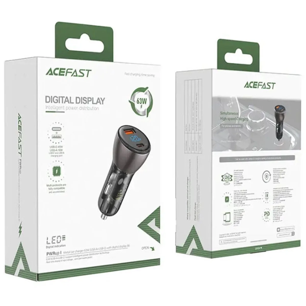 АЗУ Acefast B6 metal car charger 63W (USB-A + USB-C) with digital display Transparent black