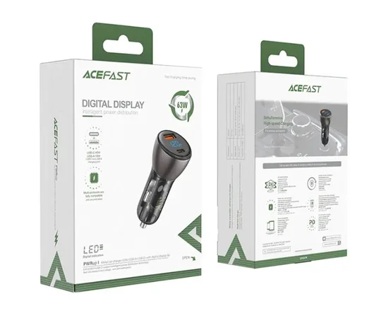 АЗУ Acefast B6 metal car charger 63W (USB-A + USB-C) with digital display Transparent black