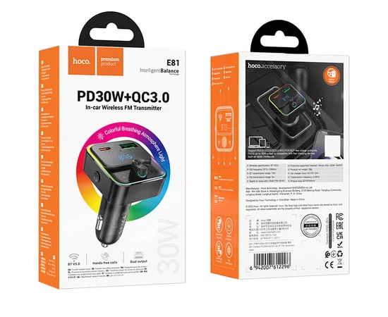 АЗУ FM модулятор Hoco E81 Fantasy PD30W+QC3.0 Black