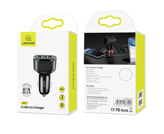 АЗУ Usams US-CC100-1 C17 3 USB (5V2.4A/5V1A/QC3.0) Черный