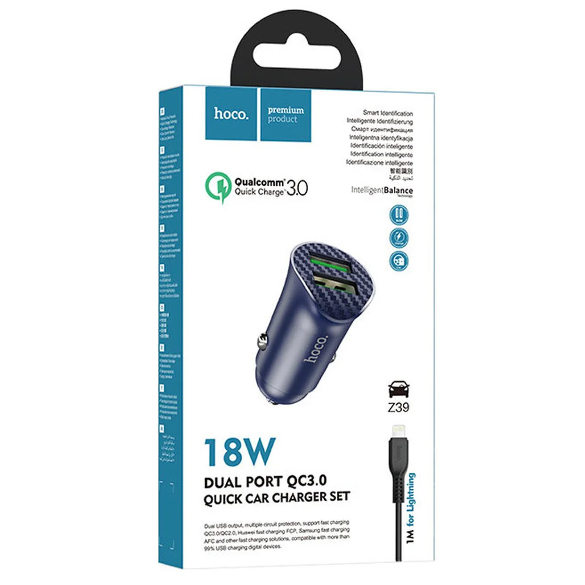 АЗУ Hoco Z39 QC3.0 (2USB) + Lightning Синий