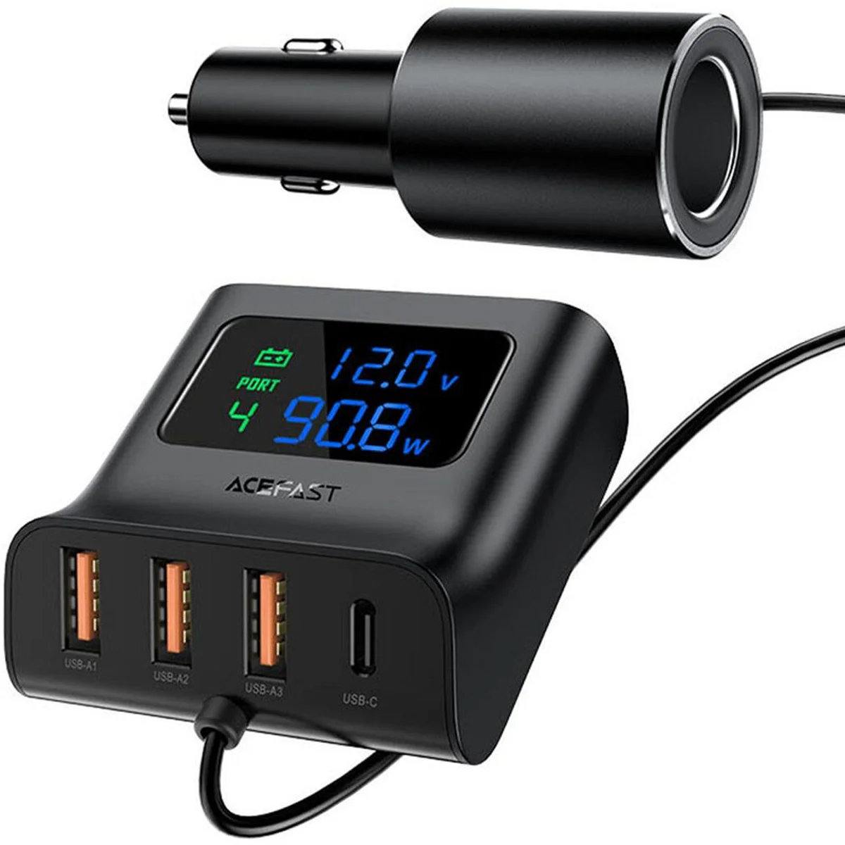 АЗУ Acefast B8 digital display car HUB charger Black