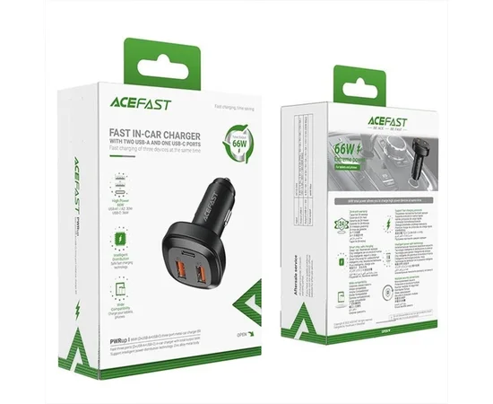 АЗУ Acefast B9 66W (2USB-A+USB-C) three port metal car charger Black