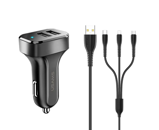 Комплект USAMS U35 3IN1 Charging Cable 1M +C13 2.1A Dual USB Car Charger Черный