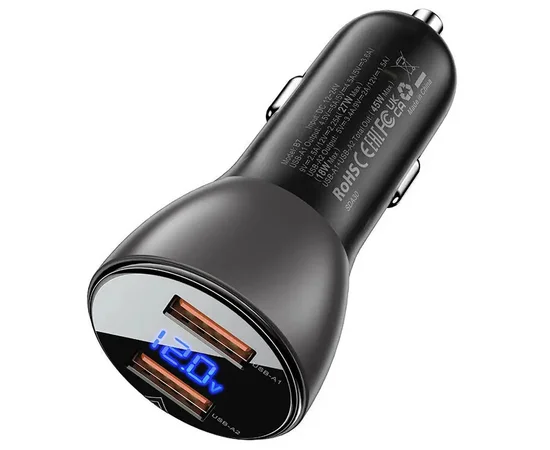 АЗУ Acefast B7 metal car charger 45W (USB-A + USB-A) with digital display Transparent black