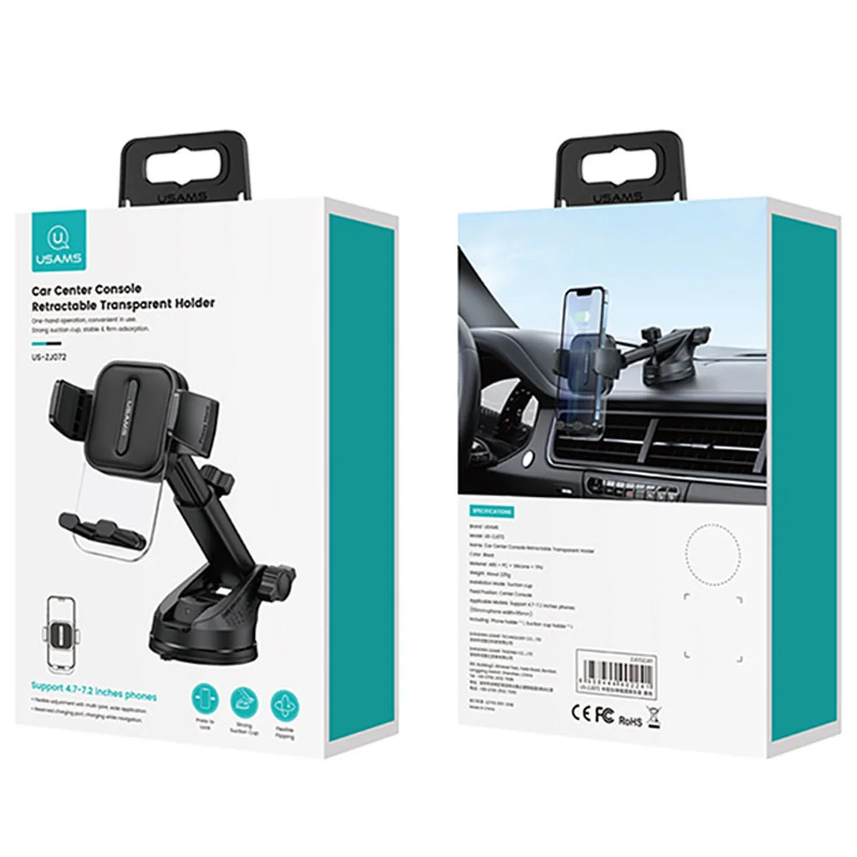 Автодержатель Usams US-ZJ072 Car Center Console Retractable Transparent Holder Black