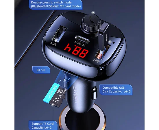 АЗУ Usams US-CC143 C25 50W 2A+C 3 Ports Digital Display Wireless FM Car Charger Черный