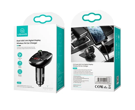 АЗУ USAMS US-CC115 C21 Bluetooth FM Tuner (2USB 3.4А) Черный