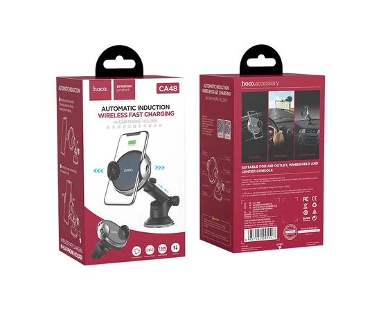 Автодержатель Hoco CA48 2in1 с беспроводным зарядным устройством Черный