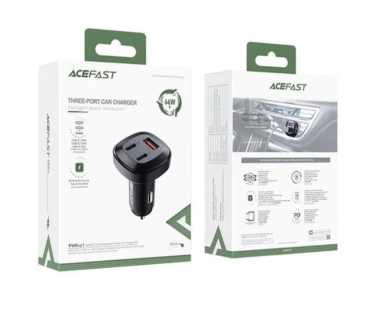 АЗУ Acefast B3 66W(USB-C+USB-C+USB-A) three-port metal car charger Black