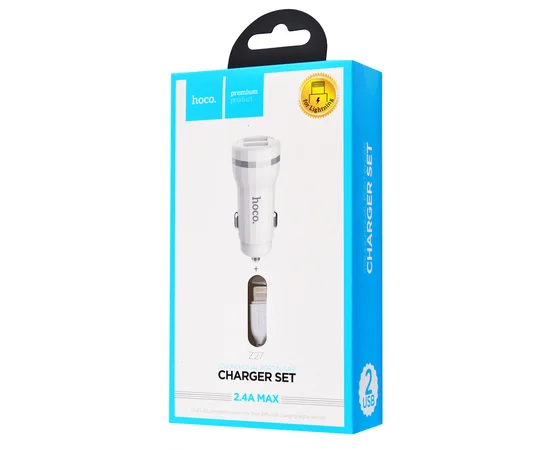 АЗУ Hoco Z27 Staunch (2USB 2.4A) (+кабель Lighthing) Белый
