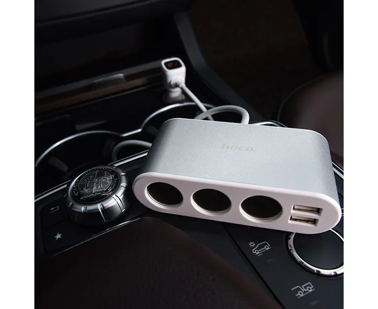 АЗУ с разветвителем прикуривателя Hoco  Z13 (3 порта+2USB/2.1A+LCD) Стальной