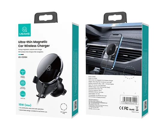 Автодержатель с БЗУ USAMS US-CD164 Ultra-Slim 15W Черный