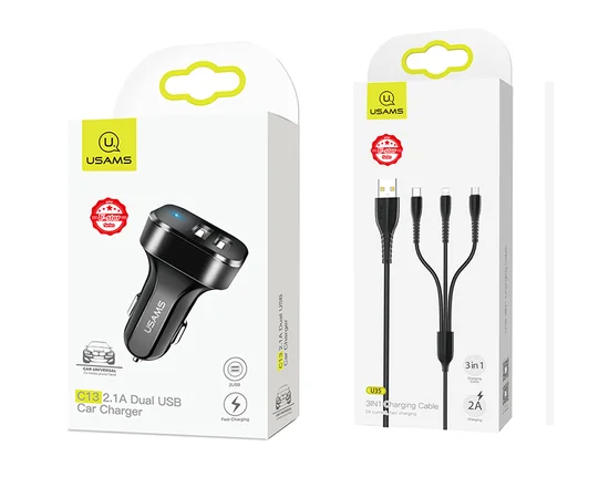 Комплект USAMS U35 3IN1 Charging Cable 1M +C13 2.1A Dual USB Car Charger Черный