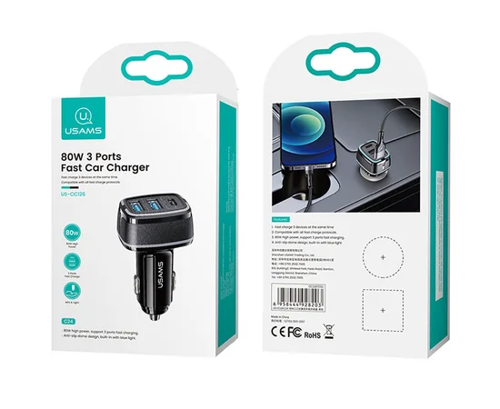 АЗУ Usams US-CC126 C24 80W 3 Ports Черный