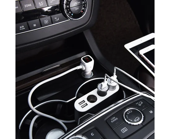АЗУ с разветвителем прикуривателя Hoco  Z13 (3 порта+2USB/2.1A+LCD) Стальной