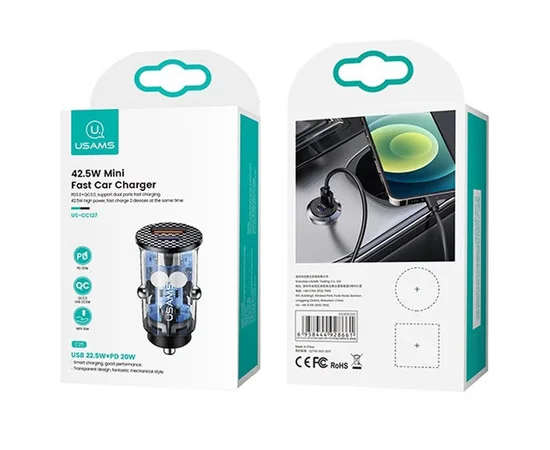 АЗУ Usams US-CC127 C25 42.5W + PD 20W Mini Прозрачный / Черный