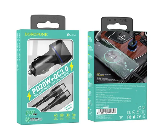 АЗУ Borofone BZ14A PD20W+QC3.0 (1Type-C/1USB/3A) + Type-C to Type-C Черный