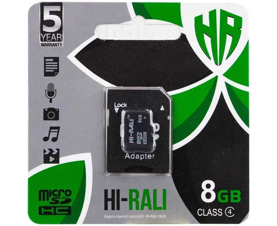 Карта памяти Hi-Rali microSDHC 8 GB Card Class 4 + SD adapter Черный