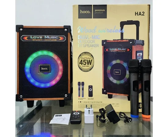 Bluetooth колонка Hoco HA2 Wave + 2 микрофона Wooden pattern