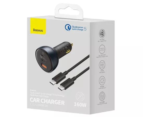 АЗУ Baseus Qualcomm® QC5 Multi-Port 2xType-C+USB 160W (з cable Type-C to Type-C 100W (20V/5A) 1m) Сірий