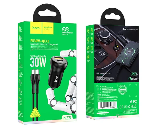 АЗУ Hoco NZ5 Smooth road PD30W + QC3.0 + Type-C to Type-C Черный
