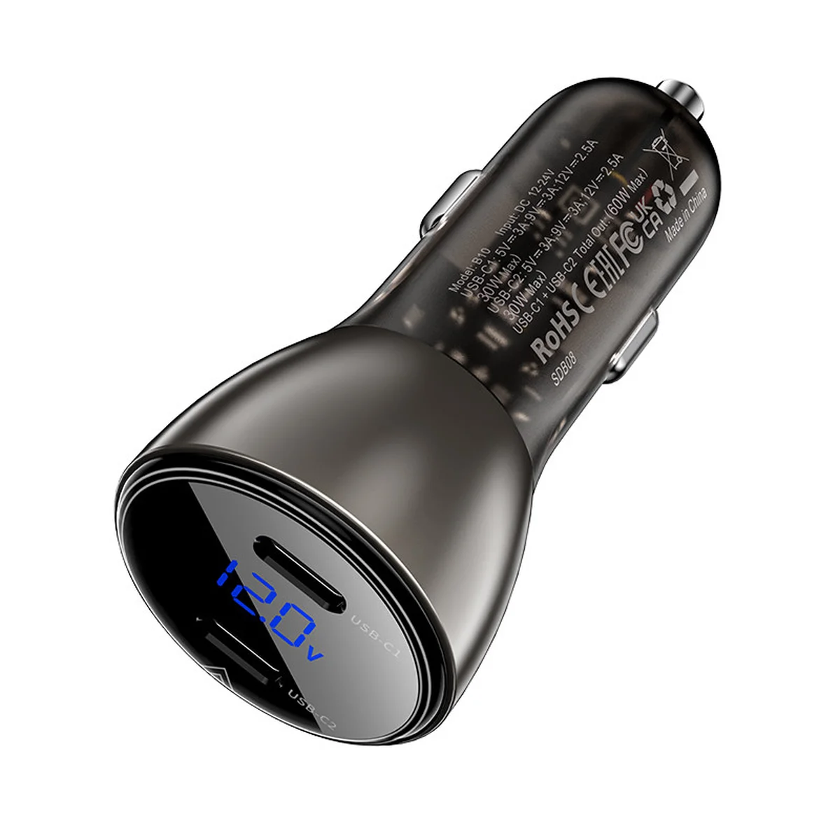 АЗУ Acefast B10 metal car charger 60W (USB-C+USB-C) with digital display Black
