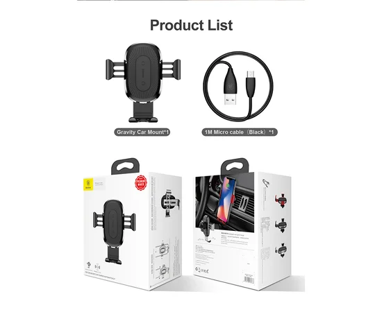 Автодержатель с БЗУ Baseus Gravity Wireless Air Vent Черный
