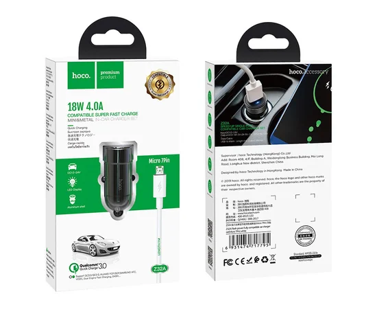 АЗУ Hoco Z32A QC3.0 (1USB/4.0A) + MicroUSB Черный