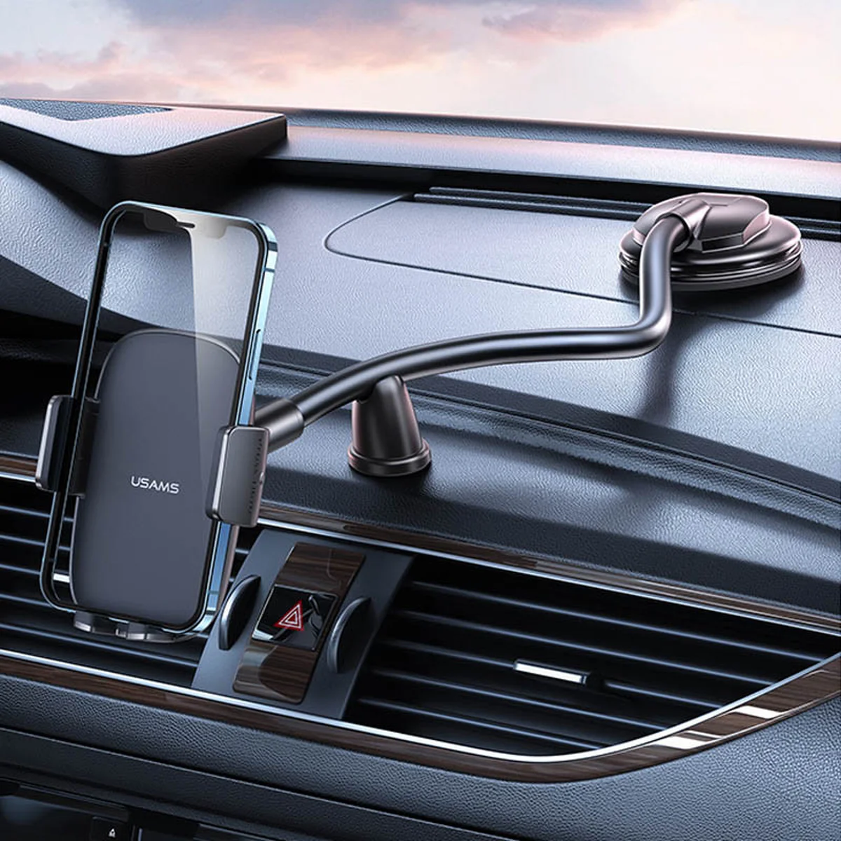 Автодержатель Usams US-ZJ065 Car Center Console Retractable Phone Holder (Adjustable Gooseneck) Black