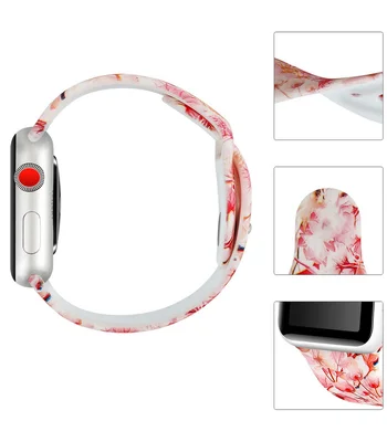 Силиконовый ремешок с рисунком&nbsp;для Apple watch 38mm / 40mm Белый / Розовые цветы