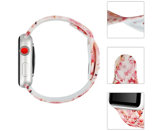 Силиконовый ремешок с рисунком&nbsp;для Apple watch 38mm / 40mm Белый / Розовые цветы