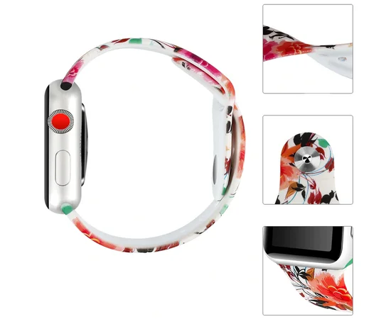 Силиконовый ремешок с рисунком&nbsp;для Apple watch 38mm / 40mm Белый / Цветы и листья