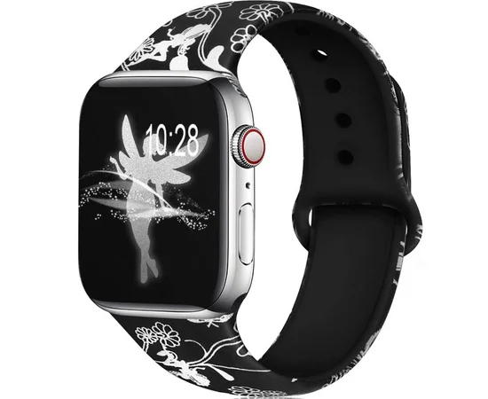 Силиконовый ремешок с рисунком&nbsp;для Apple watch 38mm / 40mm Черный/Цветы