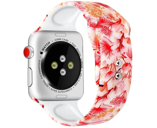 Силиконовый ремешок с рисунком&nbsp;для Apple watch 42mm / 44mm Белый / Розовые цветы